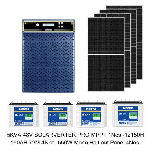 Luminous 5KVA Solarverter Pro PCU 48V MPPT with LPTT12150H 150Ah Battery-72 Month & 550W Mono PERC Half-Cut Solar Panel 25 Years Warranty