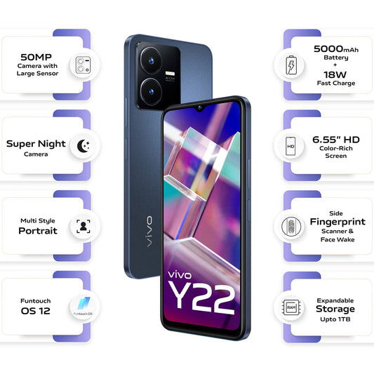 Vivo Y22 (Starlit Blue, 4GB RAM, 64GB Storage)